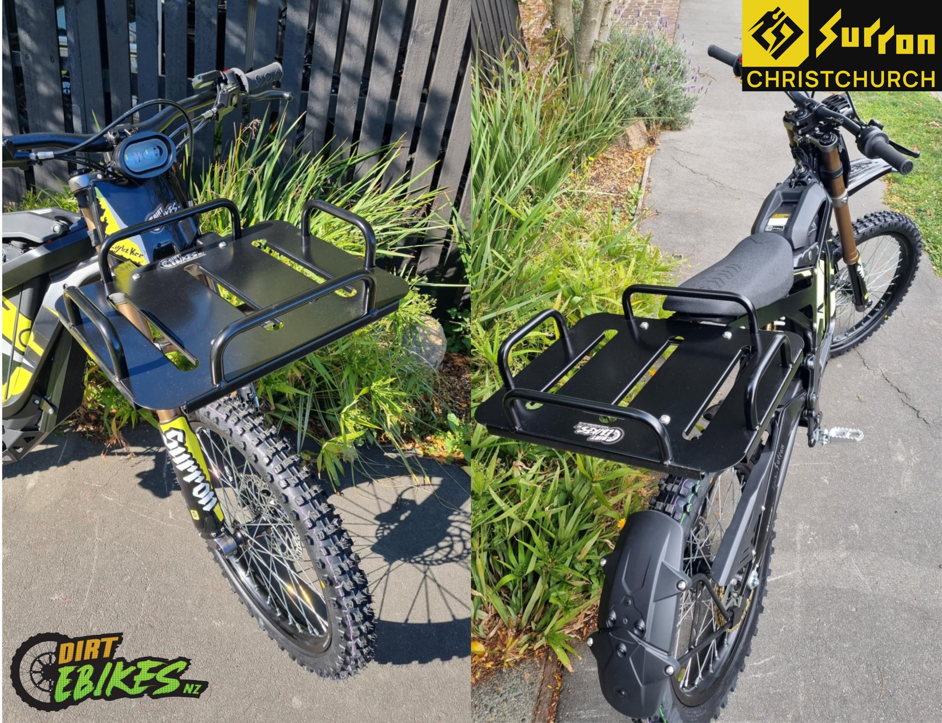 Two dirt bikes with black seats and rear racks on a sidewalk, with 'Dirt Ebikes' and 'Sutton Christchurch' logos.
