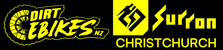 Logos of Dirt Ebikes NZ, Surron Christchurch on a yellow background